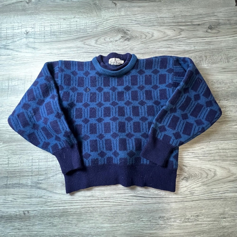Neiman Marcus‎ Sweater Mens L Blue Geometric Intarsia Vintage Crewneck Knit